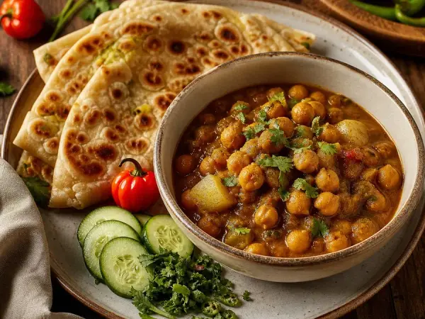Trinidadian Curry Channa and Aloo Roti, finished dish