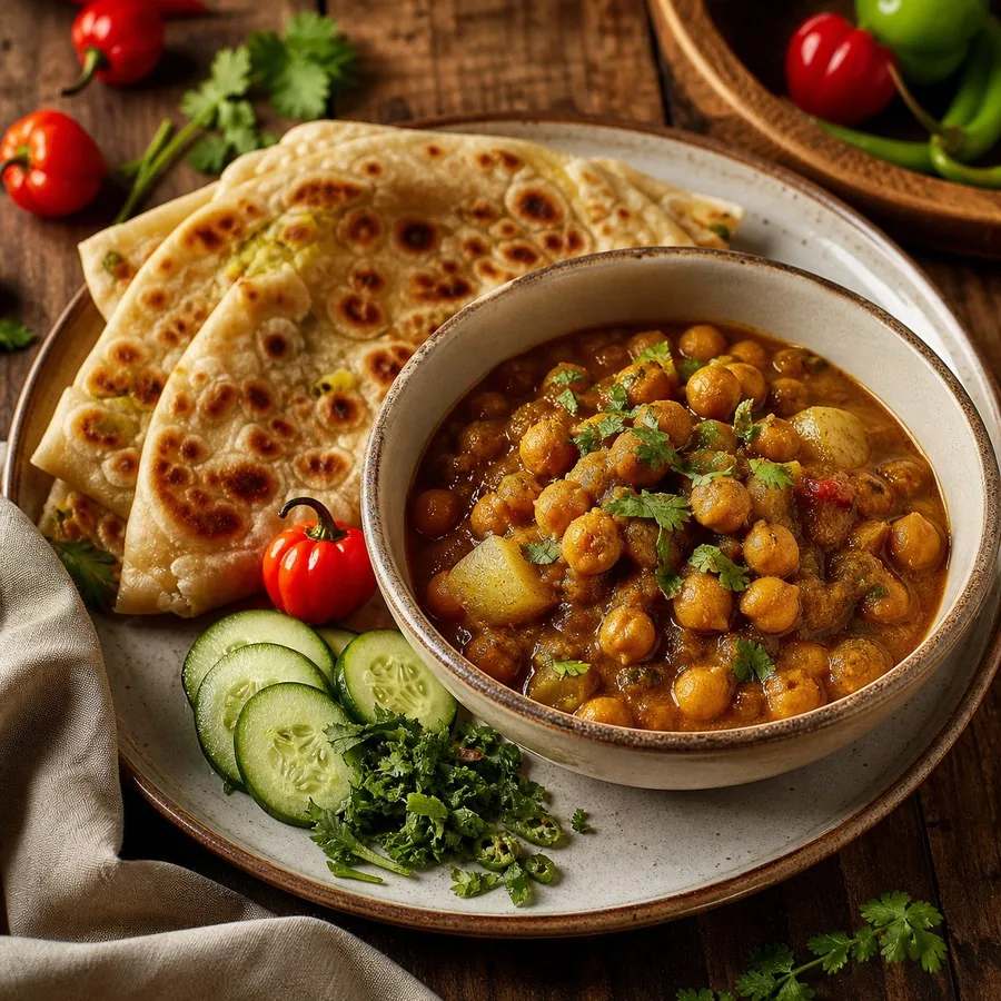 Trinidadian Curry Channa and Aloo Roti, finished dish