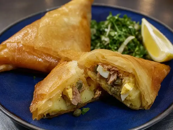 Tunisian Brik-inspired potato egg parcels on a blue plate
