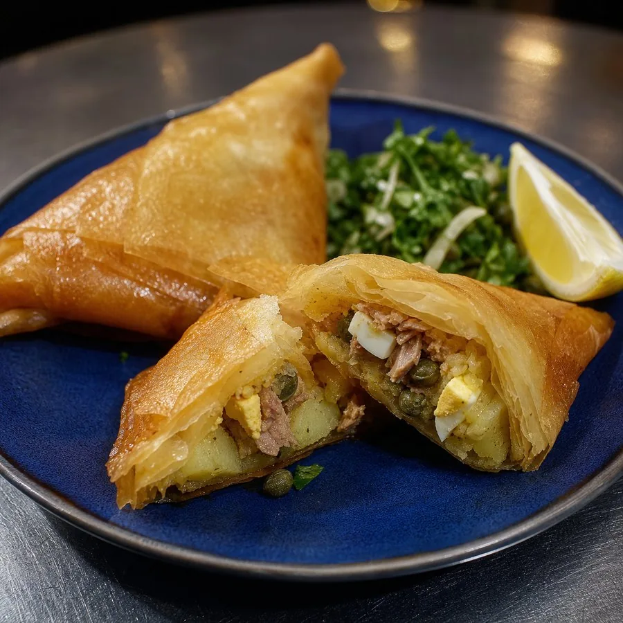 Tunisian Brik-inspired potato egg parcels on a blue plate