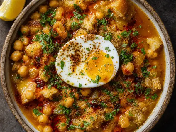 Tunisian Lablabi Chickpea Soup with egg and harissa oil