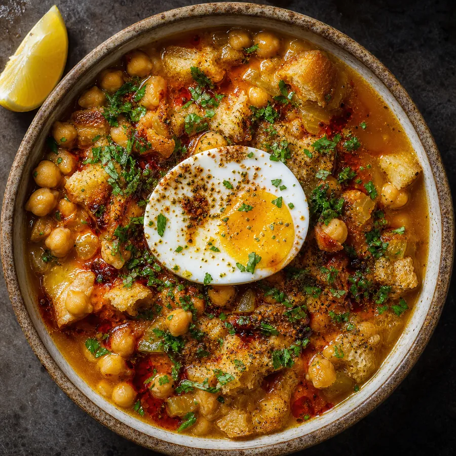 Tunisian Lablabi Chickpea Soup with egg and harissa oil