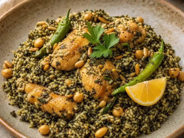 Tunisian Mloukhiya-Inspired Chicken Rice, plated as a finished dinner