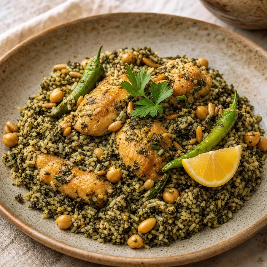 Tunisian Mloukhiya-Inspired Chicken Rice, plated as a finished dinner