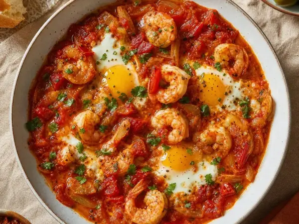 Tunisian Ojja with Shrimp and Harissa, plated as a finished dinner