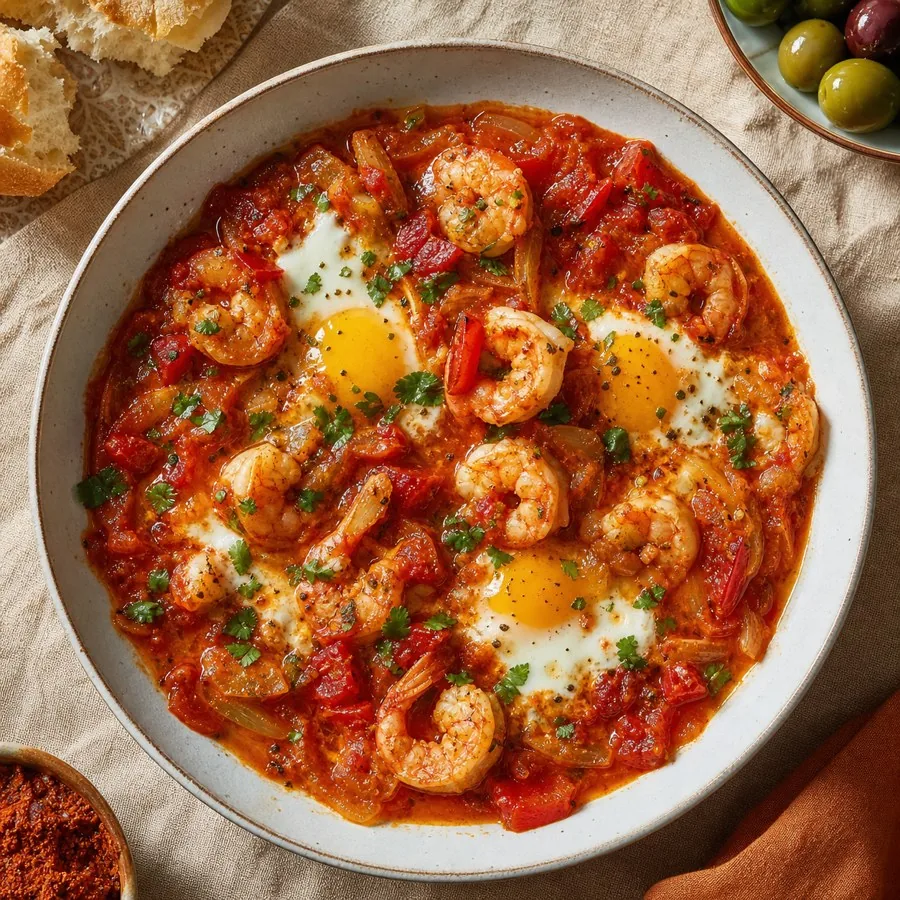 Tunisian Ojja with Shrimp and Harissa, plated as a finished dinner