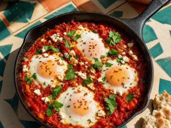 Tunisian Shakshuka with Harissa and Feta, finished dish