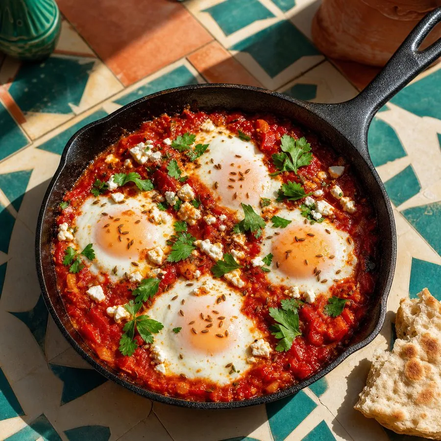 Tunisian Shakshuka with Harissa and Feta, finished dish