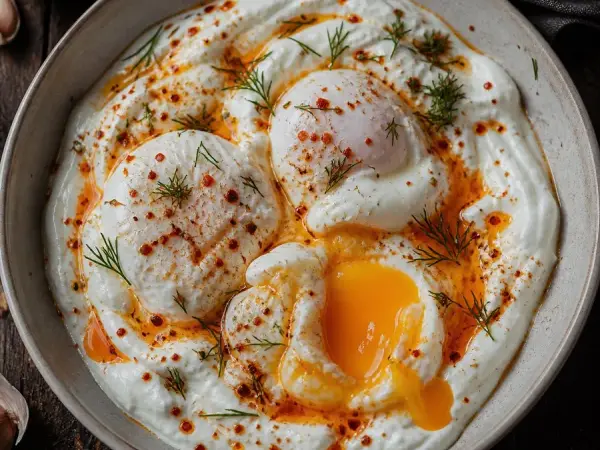 Turkish Çılbır Eggs with Garlic Yogurt, finished dish