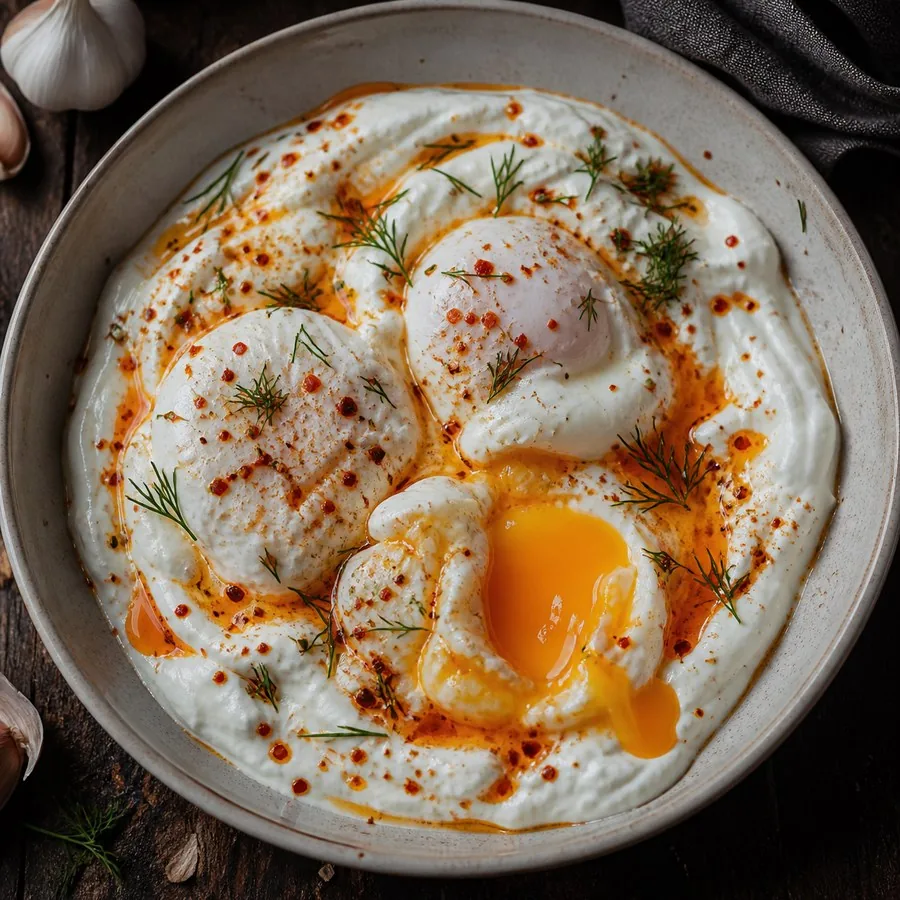 Turkish Çılbır Eggs with Garlic Yogurt, finished dish