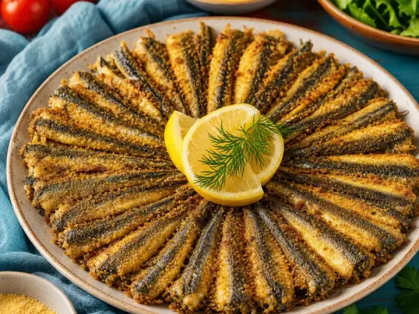 Turkish Hamsi Tava Cornmeal Fish, finished dish