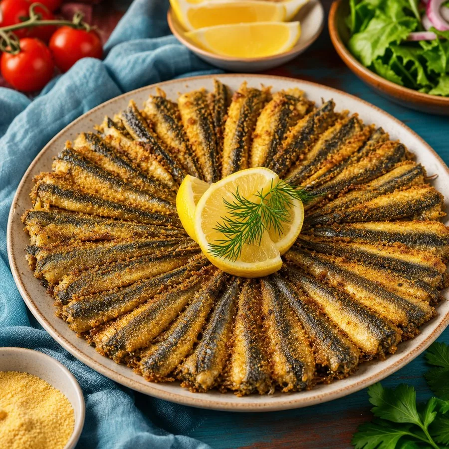 Turkish Hamsi Tava Cornmeal Fish, finished dish
