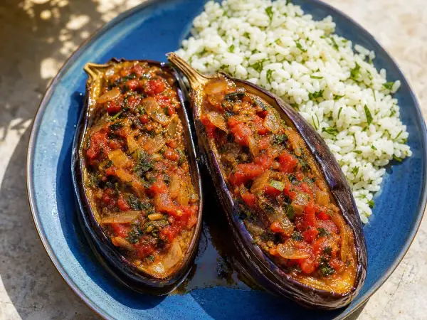 Turkish Imam Bayildi with herbed rice on a blue plate