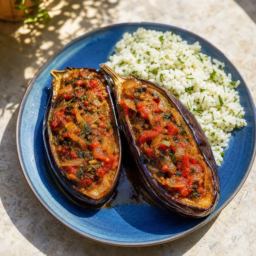 Turkish Imam Bayildi with herbed rice on a blue plate