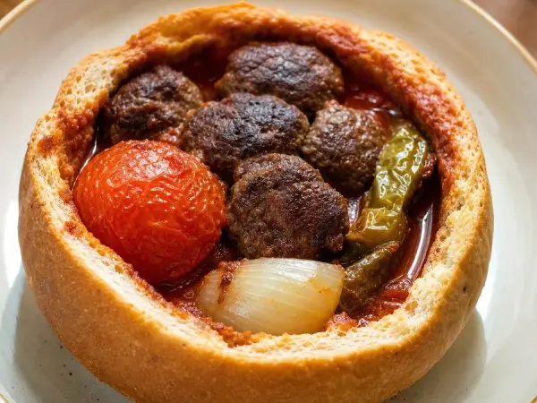 Turkish Islama Kofte Beef Bread Bowl, finished dish