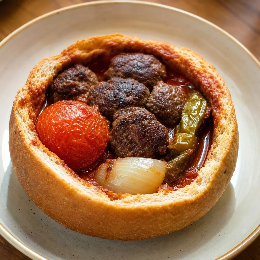 Turkish Islama Kofte Beef Bread Bowl, finished dish