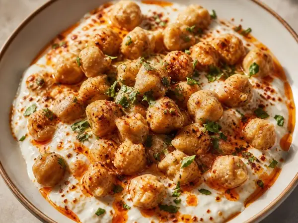 Turkish Manti-Inspired Yogurt Chickpea Dumplings, finished dish
