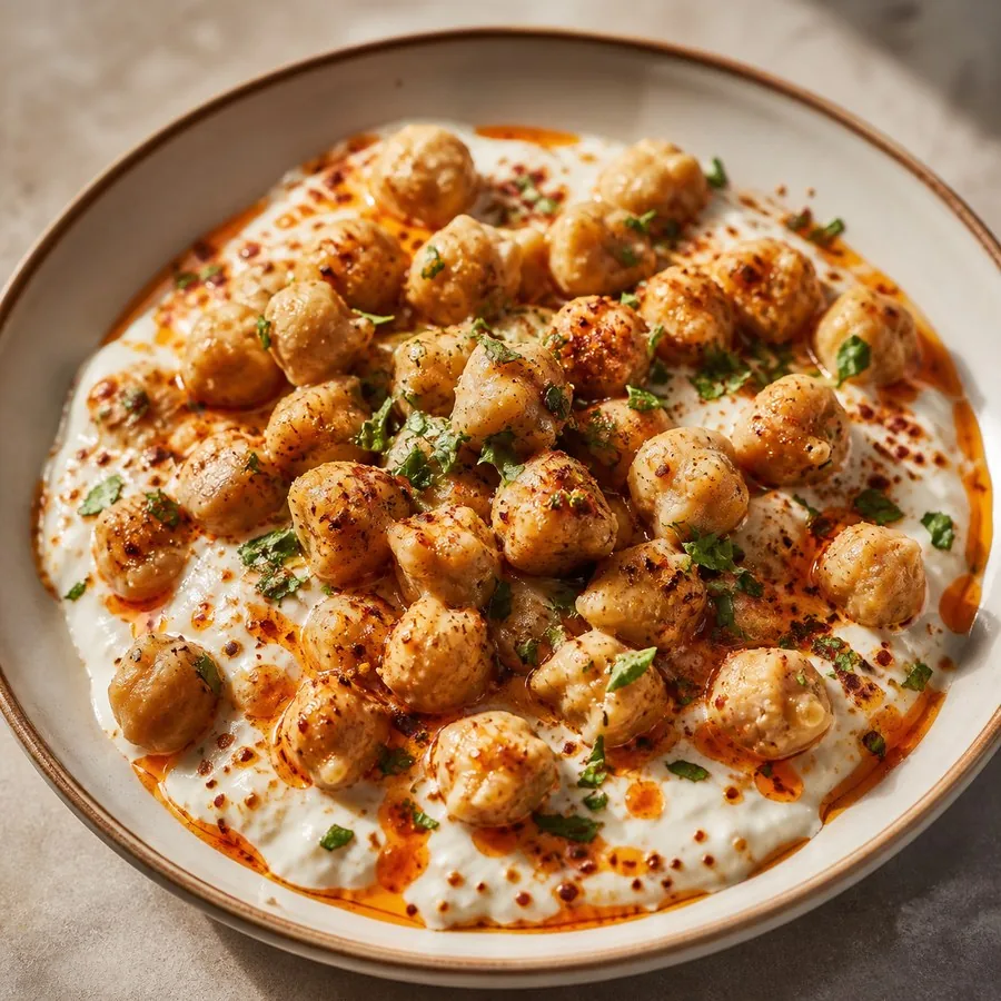 Turkish Manti-Inspired Yogurt Chickpea Dumplings, finished dish