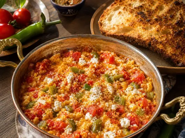 Turkish Menemen with feta and toast in a copper skillet