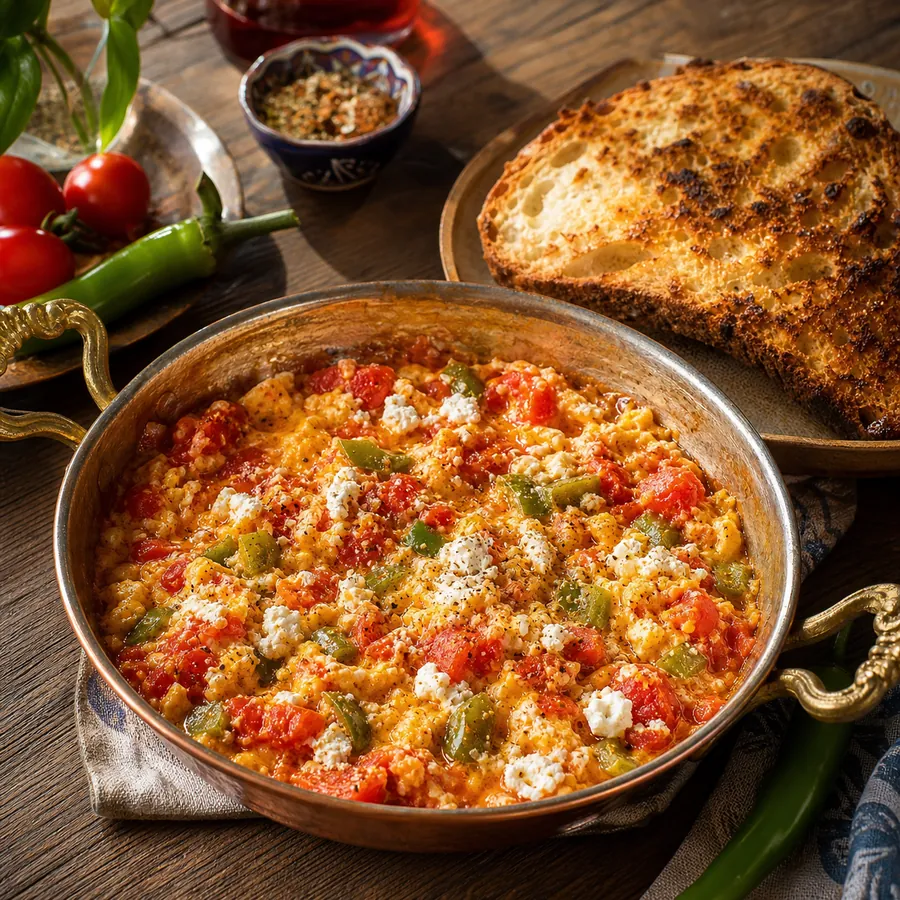 Turkish Menemen with feta and toast in a copper skillet
