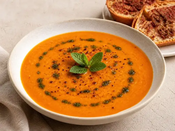 Turkish Red Lentil Çorba with Sumac Toast, plated and ready to serve