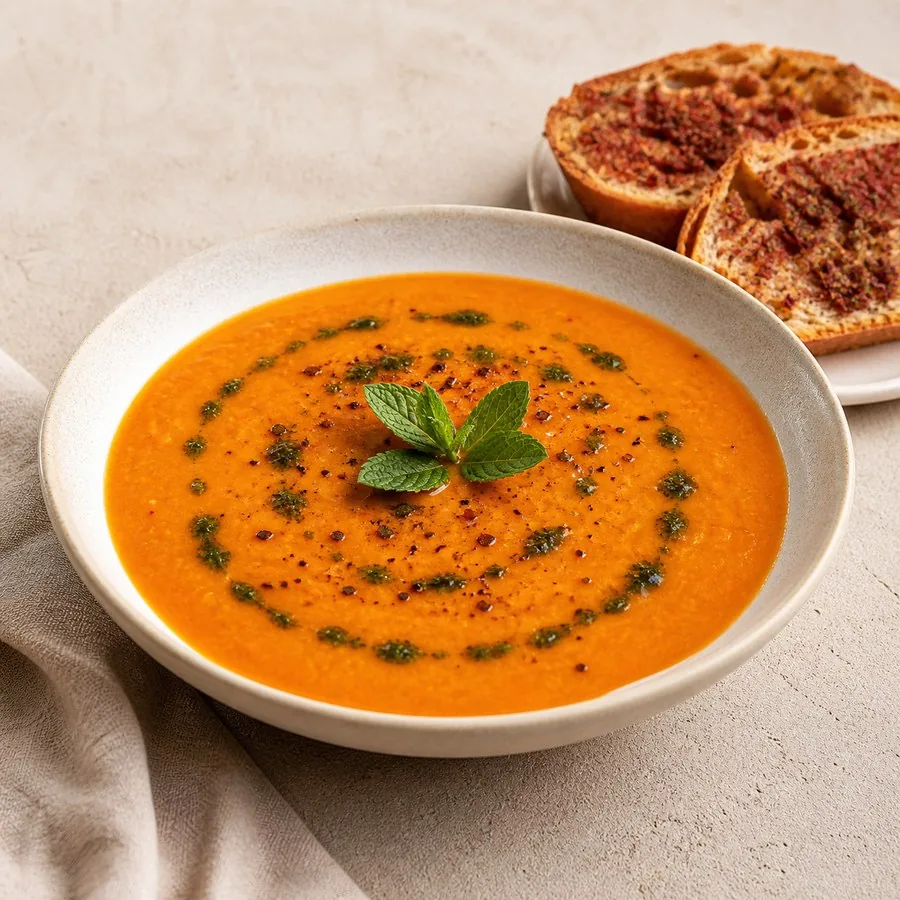 Turkish Red Lentil Çorba with Sumac Toast, plated and ready to serve