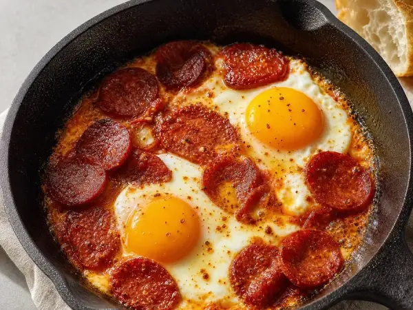 Turkish Sucuklu Yumurta Egg Skillet, finished dish