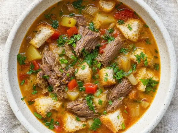 Turkmen Dograma Lamb Bread Soup, original finished dish food photograph