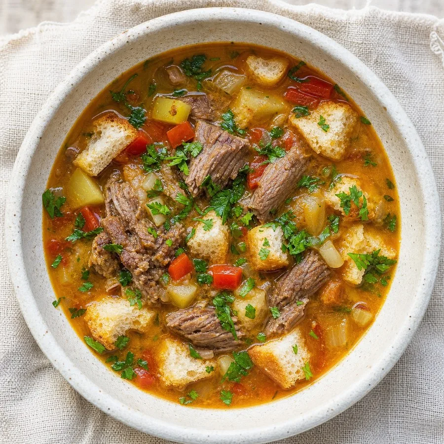 Turkmen Dograma Lamb Bread Soup, original finished dish food photograph