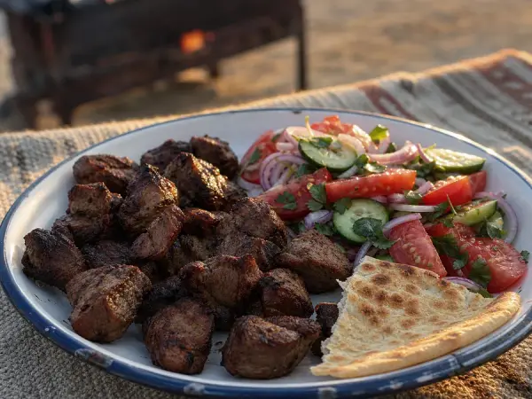Turkmen Lamb Shashlik with Tomato Salad, finished dish