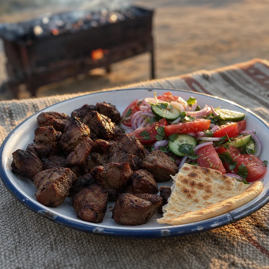 Turkmen Lamb Shashlik with Tomato Salad, finished dish