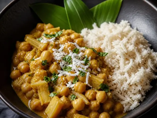 Tuvalu Pulaka Coconut Chickpea Curry, plated as a finished dinner