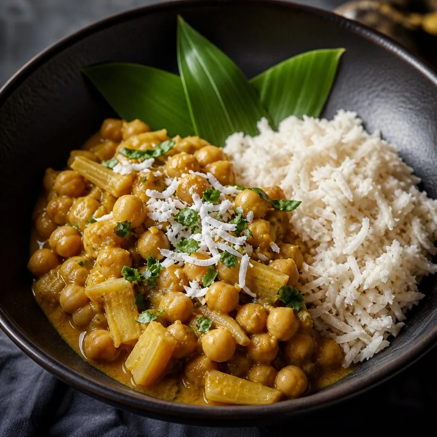 Tuvalu Pulaka Coconut Chickpea Curry, plated as a finished dinner