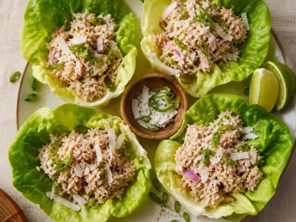 Tuvalu Tuna Coconut Lettuce Cups, plated as a finished dinner