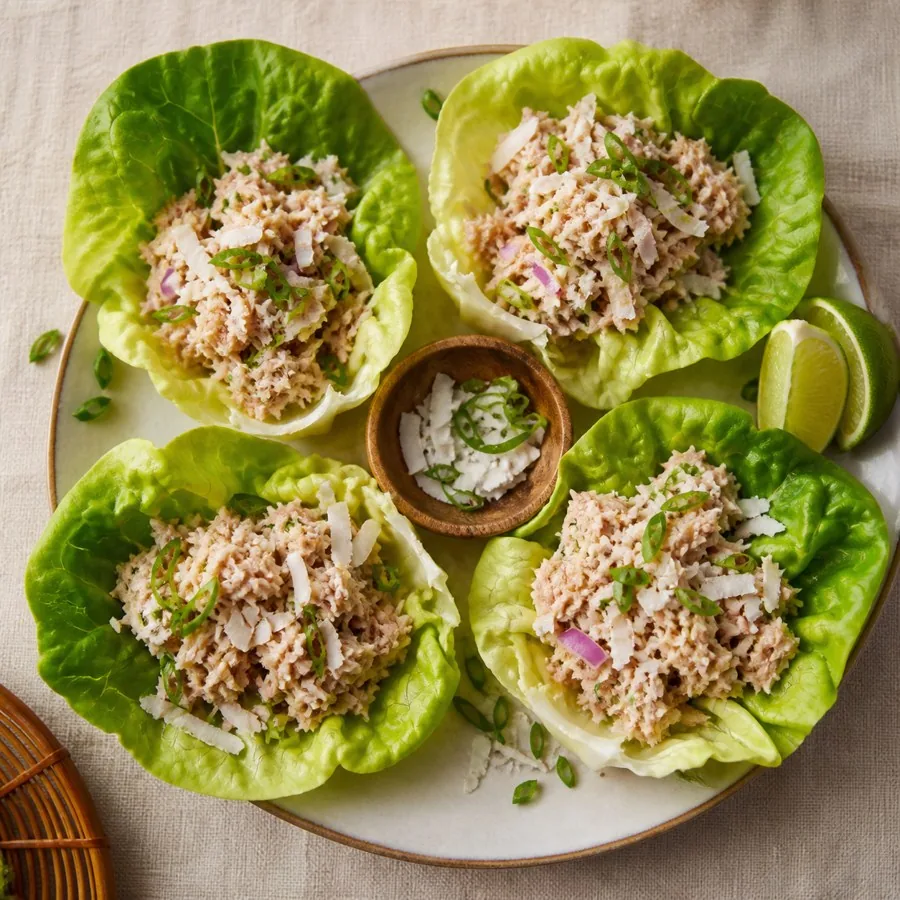 Tuvalu Tuna Coconut Lettuce Cups, plated as a finished dinner