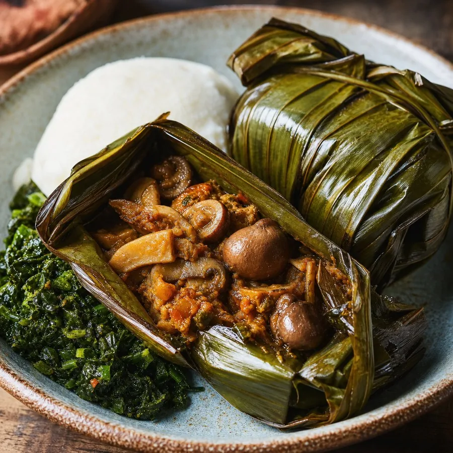 Ugandan Luwombo Mushroom Parcels, plated as a finished dinner
