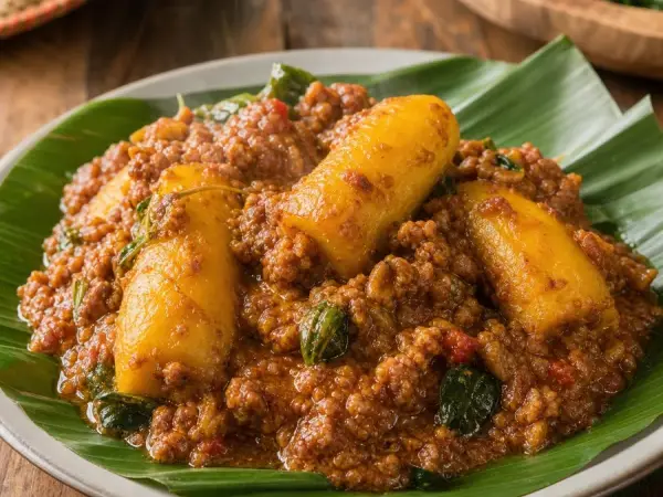 Ugandan Matoke Groundnut Stew, plated as a finished dinner