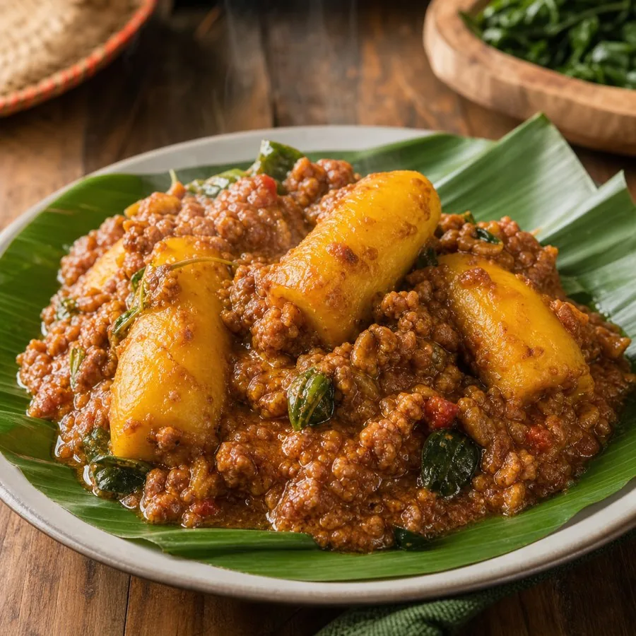 Ugandan Matoke Groundnut Stew, plated as a finished dinner