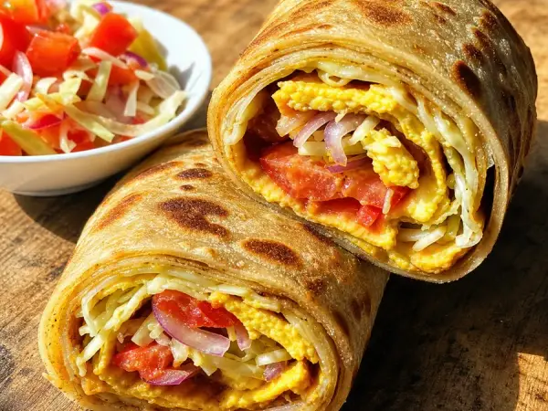 Ugandan Rolex Egg Chapati Rolls sliced open with tomato and cabbage