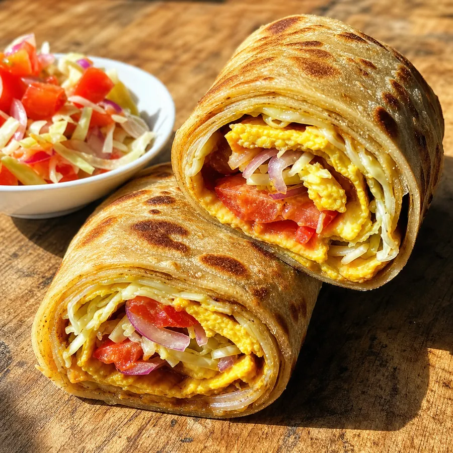 Ugandan Rolex Egg Chapati Rolls sliced open with tomato and cabbage