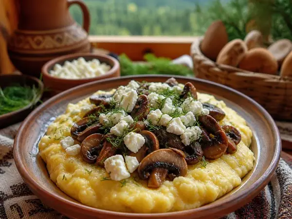 Ukrainian Banosh with Mushrooms and Brynza, plated and ready to serve