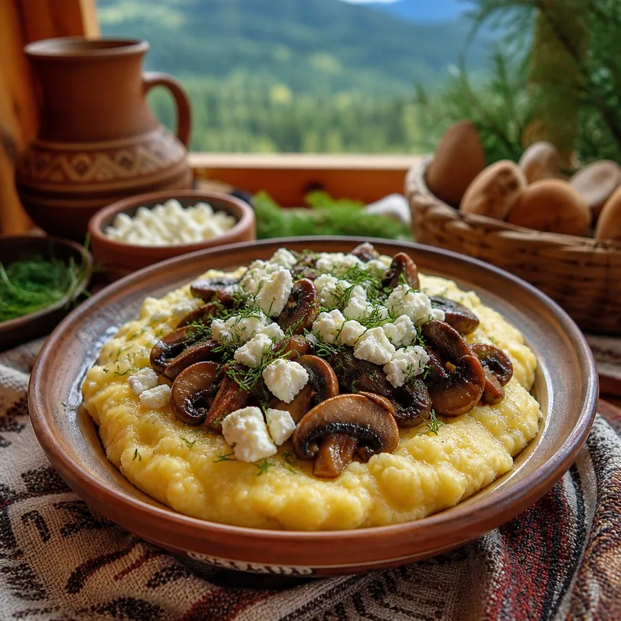 Ukrainian Banosh with Mushrooms and Brynza, plated and ready to serve