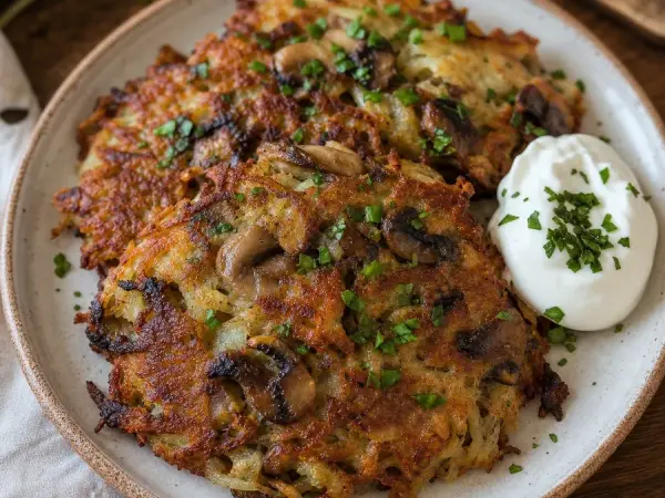 Ukrainian Deruny Mushroom Pancakes, finished dish