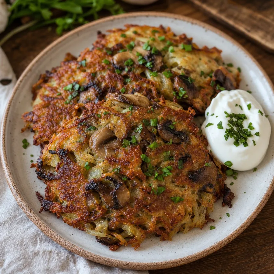 Ukrainian Deruny Mushroom Pancakes, finished dish
