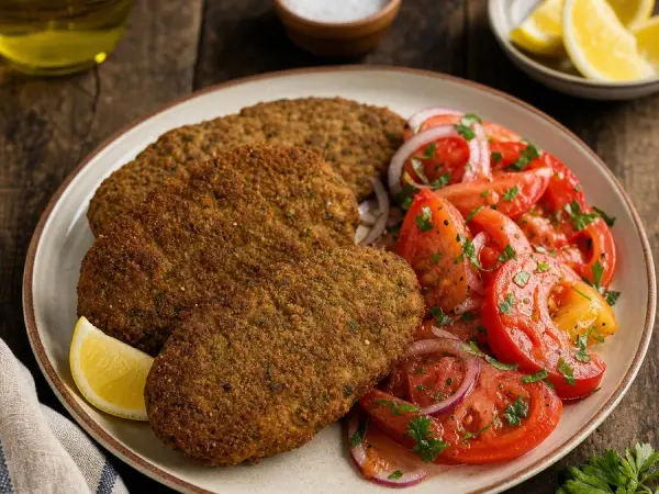 Uruguayan Lentil Milanesa with Tomato Salad, finished dish