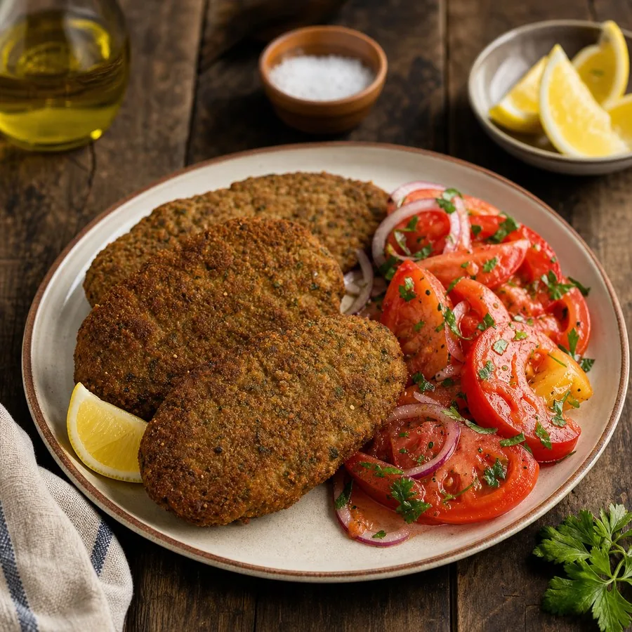 Uruguayan Lentil Milanesa with Tomato Salad, finished dish
