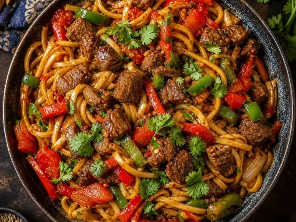 Uyghur Ding Ding Mian Lamb Noodles, finished dish