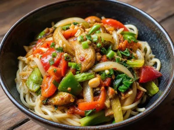 Uyghur Laghman Vegetable Noodles, original finished dish food photograph
