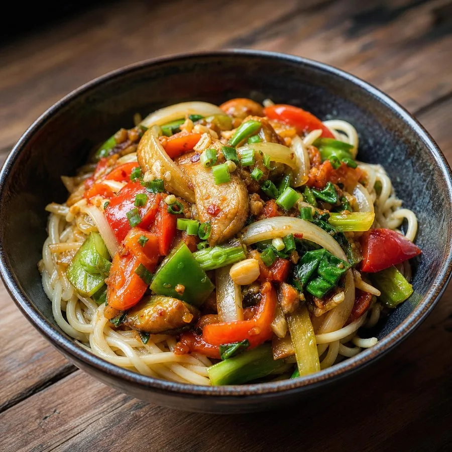 Uyghur Laghman Vegetable Noodles, original finished dish food photograph