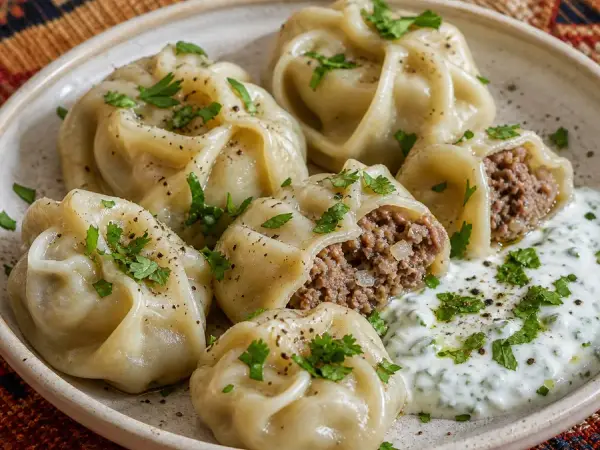 Steamed Uzbek beef manti dumplings with herb yogurt